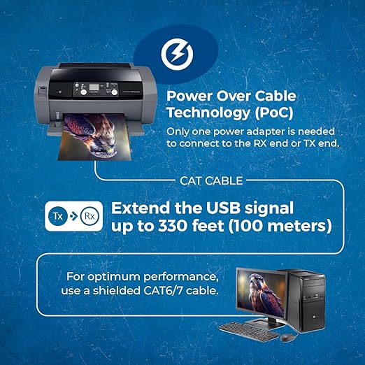 OREI USB 2.0 Over Ethernet Cat5e/6 Extender LAN Upto 330 Feet - Extends 2 Ports USB-A Signal Over LAN Ethernet - Power Over Cable for Long Distance Extension Supports All Operating System