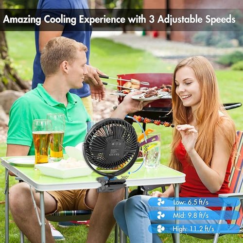 10000mAh Portable Fan with Clip, Rechargeable Clip On Fan with Light & Hook, 3 Strong Airflow & Timer, Battery Powered, Clamp On Desk Fan for Travel Outside Camping Sleep Bedroom Office RV Hurricane