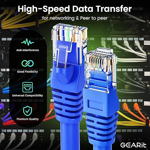 GEARit Cat 6 Ethernet Cable Pack - 50-Pack 1.5 ft Cat6 Ethernet Patch Cables | RJ45 Network Patch Cable, 10 Gbps Snagless Gold-Plated Connectors - Ethernet Cable Cat 6 for PC, TV, Router - Blue
