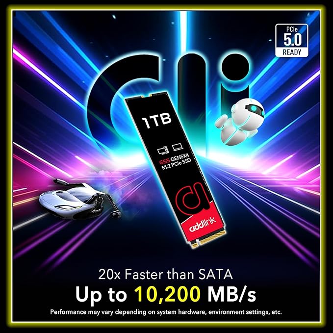 Addlink G55 1TB PCIe 5.0 Gen5 NVMe M.2 SSD- Up to 10,200 MB/s - PC Gaming Upgrade, Photography, Video Editing & Design - Gen5x4 Internal Solid State Drive (ad1TBG55M2P)