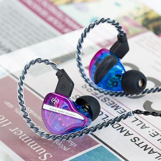 CCZ DC01 Pro in Ear Monitor, iems for Gaming, Professional Gaming Earbuds Super Bass Wired Earphone Headphone with 1DD, Patent Ear fin, Ear tips,for Singer Musician Podcaster (Purple-Blue without mic)