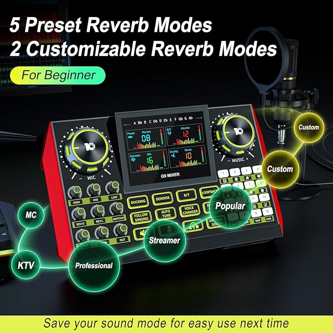 Audio Mixer, Sound Board for Pc/Phone Live Streaming Singing Gaming, Sound Mixer for 3.5/6.35mm Dynamic Microphone, Live Sound Card with DJ Mixer Effects & Voice Changer, Denoise, One Click Mute