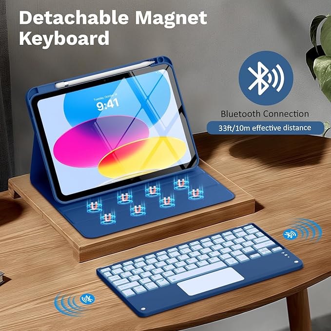 MoKo Touch Keyboard Case for iPad (A16) 11th Generation 11 inch 2025, iPad 10th Generation 10.9 inch Case with Pencil Holder, 7 Colors Backlit TrackPad Detachable Bluetooth Keyboard, Blue Starry Sky