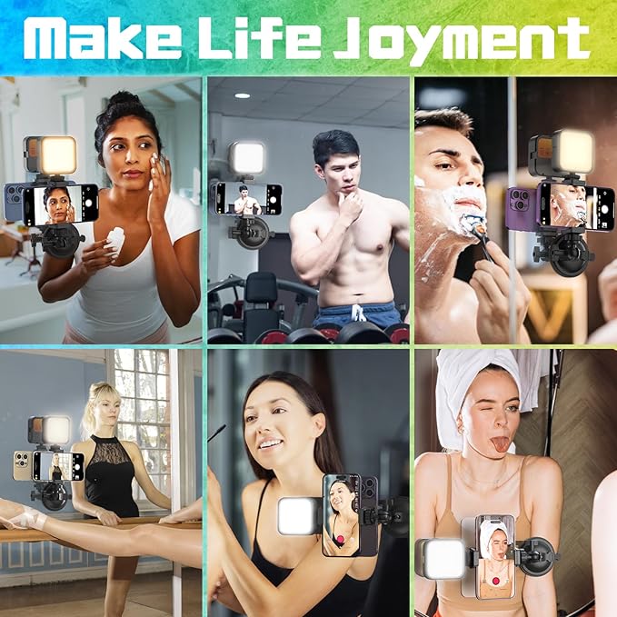 Suction Cup Phone Mount with Rechargeable Light, Mirror Phone Holder with Light Shower Bathroom Kitchen, Mirror Tripod for TikTok YouTube Instagram Make Up Pics Video Content Creator