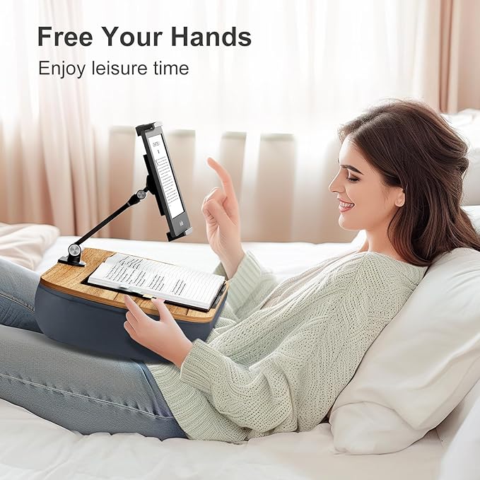 Lap Beanbag Cozy Kindle Pillow Stand for Bed with Adjustable Arm, 360° Tablet Holder, Fits 4.7"-13" Kindle, iPad, Phone, Lap Desk for Hands Free Reading in Bed, Couch, Sofa,Gray