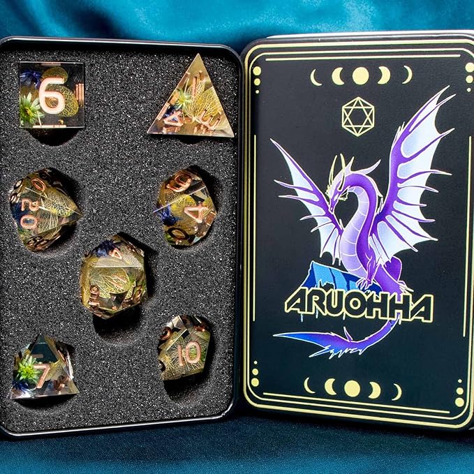 ARUOHHA DND Resin Dice Translucent Yellow Leaf Sharp Edged Dice Set, 7pcs Flower Inclusions Polyhedral D and D Dice RPG Role Playing Game D20 D12 D10 D8 D6 D4