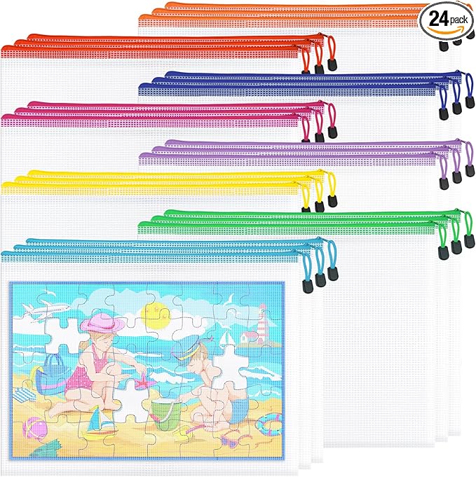 24pcs Mesh Zipper Pouch File Bags, Large Puzzle Storage Bags, A3 17x12 Inch Reusable Classroom Pouches for Organizing, 8 Colors