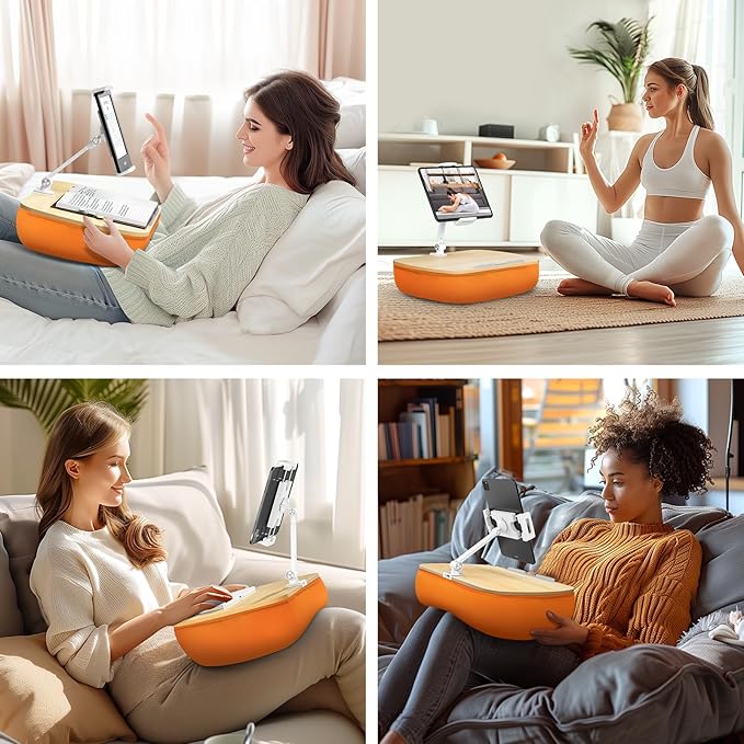 Cozy Kindle Pillow Stand with 360° Adjustable Tablet Holder, Wooden Panel, iPad Stand for Hands Free Reading in Bed, Couch, Sofa, Compatible with 4.7"-13" Kindle, iPad, Phone, up to 14"Laptop