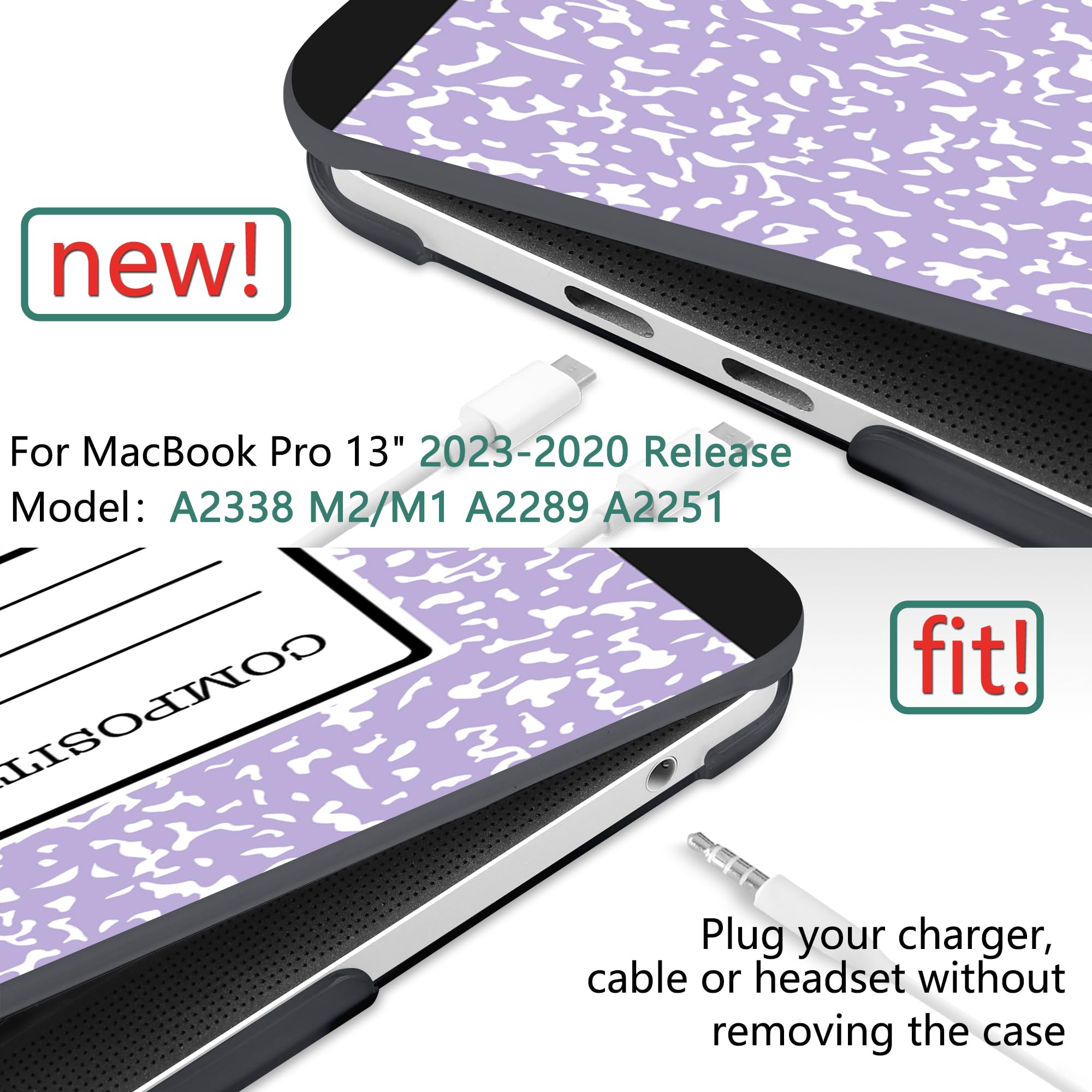 MEEgoodo Case for MacBook Pro 13 inch Case with M2 Chip 2022 2021 2020 New A2338 M1 A2251 A2289, Hard Shell with Keyboard & Camera Cover Compatible with 13 inch MacBook Pro, Composition Book Purple