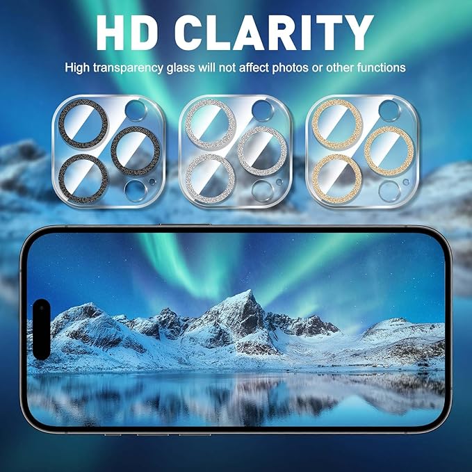 LucBuy 3PCS Sparkling Camera Lens Protector for iPhone 11 Pro/iPhone 11 Pro Max, Full Clear Acrylic Cover with Shiny Colorful Glitter Designed Decoration Back Camera Protector
