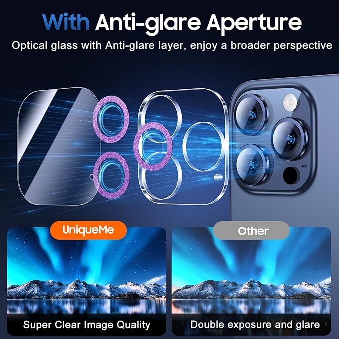 UniqueMe for 3 Pack iPhone 15 Pro/iPhone 15 Pro Max Camera Lens Protector, [Drop Protection] [Case Friendly] 9H Tempered Glass Camera Cover Screen [Update New Version] - Bright Purple