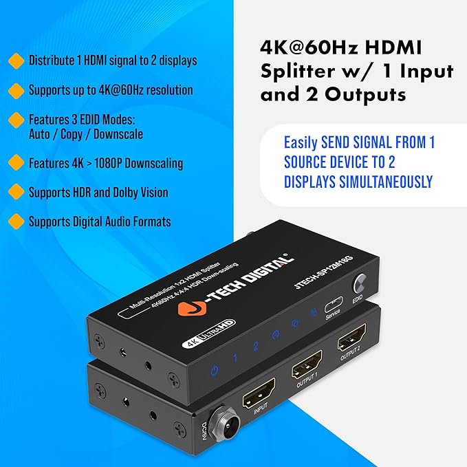 J-Tech Digital HDMI Splitter 1 in 2 Out 4K@60Hz, 1x2 HDMI Splitter for Duplicate/Mirror Screen 4K to 1080P Downscaling Function 3 EDID Settings (JTECH-SP12M18G)