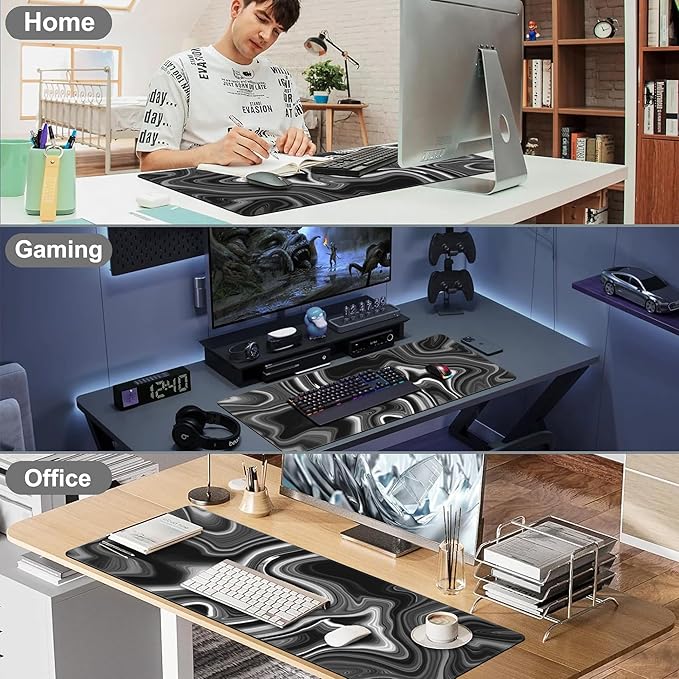 Black and White Marble Desk Mat,Large Marble Ink Texture Gaming Keyboard Mouse Pad,Non-Slip Rubber Base Desk Pad Thick Stitched Edges Waterproof Mousepad Mouse Mat 31.5"x11.8"