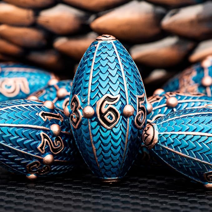 ARUOHHA DND Metal Dice Copper Blue Dragon Egg Dice with Rotating Dragon Egg Shell, Role Playing Game RPG Polyhedral D and D Dice Set D20 D12 D10 D8 D6 D4