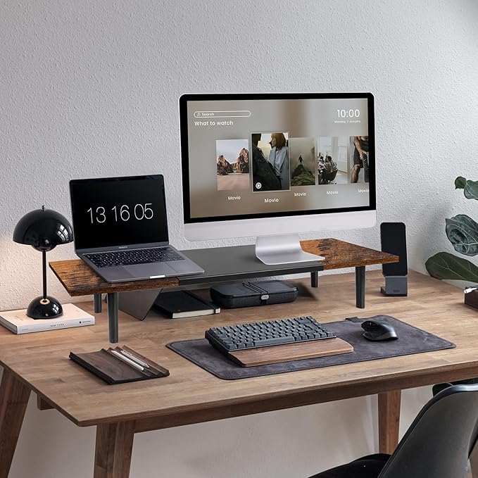 Dual-Monitor-Stand-Riser-For-Desk Adjustable Length 32-40 Inch, Large Desktop Computer Monitor Riser For 2 Screens, Desk Shelf Organizer Riser Stand For Computer/Laptop/PC/Printer/TV Brown