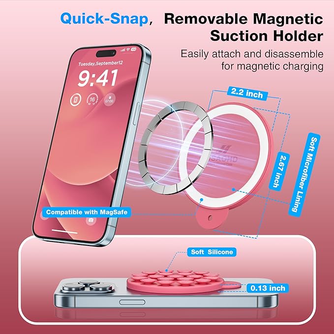 Magnetic Suction Cup Phone Mount for MagSafe Case, Silicone Hands-Free Grip Holder for iPhone and Android, Mirror Shower Phone Stand for Makeup FaceTime Gym Kitchen Bathroom, Camellia Red