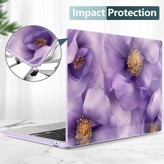 TWOLSKOO Compatible with M4 MacBook Air 13.6 inch Case 2025-2022 Release M4 A3240 M3 A3113 M2 A2681, Plastic Hard Shell & Keyboard Cover & Type C Adapter & Screen Protector, Purple Flowers