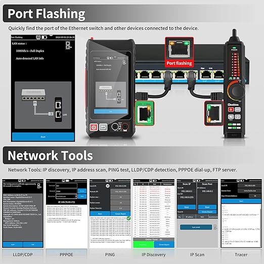 Multifunction RJ45 Network Caber Tester, UTP Cable Tester Ethernet Cable Tracer, 4" IPS Touch Screen Support Network Tools, Digital Multi-Meter, VFL,OPM, POE++ Detect,RJ45 TDR, Cable Length,NCV
