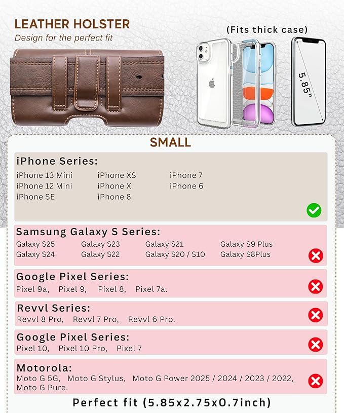 Leather Phone Holster for Men & Women, Horizontal Cell Phone Case, Fits iPhone 13/12 Mini, SE, Xs/X, 8, 6s - Belt Clip/Loop Carrying Phone Pouch Holder, Brown Small