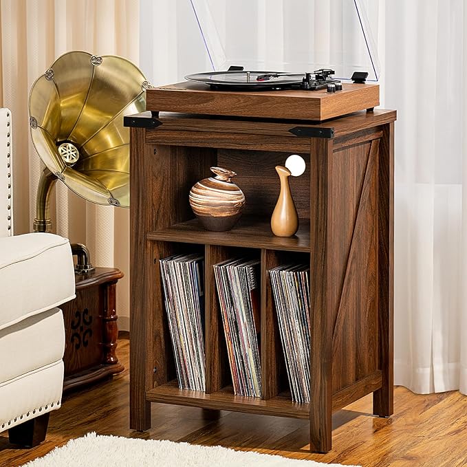 Record Player Stand with Vinyl Record Storage,Rustic Brown Record Player Table Holds up to 160 Albums,Large Wood Turntable Stand Cabinet Dispaly Shelf for Living Room,Bedroom,Office
