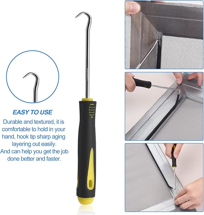 BAYTORY Upgrade Window Screen Repair Kit, Steel/Nylon Roller Tool with Bearing, Spline Removal Hook and 12Pcs Screen Clips Replacement for Installing Door Mesh Screens