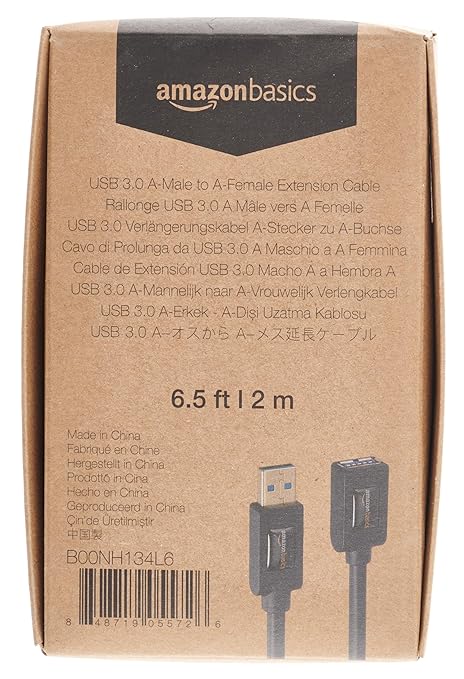 Amazon Basics USB-A 3.0 Extension Cable, 4.8Gbps High-Speed, Male to Female Gold-Plated Connectors, 6.5 Foot, Black