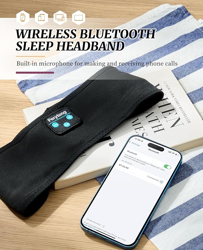 Perytong Sleep Headphones Bluetooth Headband Wireless Headphone Headband for Side Sleepers - Headphones for Sleeping - Sleeping Headband for Insomnia Nuit Travel,Gift for Women Men Mom Dad
