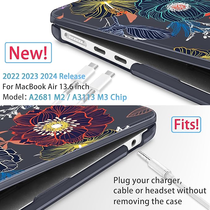 Mektron for 2025 M4 MacBook Air 13.6 Inch A3240 Case Fits 2023 A2681 M2 2024 A3113 M3 Chip with Liquid Retina Display Touch ID, Printed Plastic Hard Shell Cover for MacBook Air 13.6", Dahlia Flowers