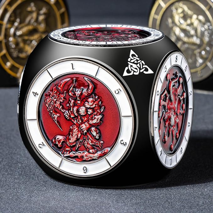 7 in 1 D6 Spinner DND Dice Set D&D, Metal Cube D and D Dice with Gift Box, Dungeons Dragons Role Playing Dice, Black Red