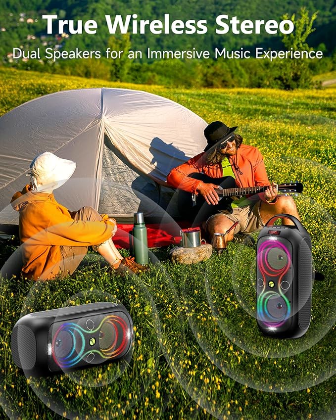 Portable Bluetooth Speakers with 120dB Loud Sound|Beat-Driven Light Show, 5 RGB Modes, Bluetooth 5.3, USB/TF/AUX/FM/Mic Input/TWS | Portable for Party, Camping, Tailgating, Backyard, Indoor Gatherings