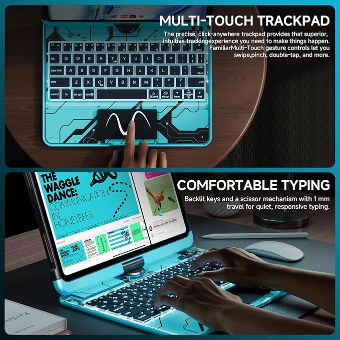 Transparent Case with Keyboard for iPad 9th (7th, 8th, and 9th Gen) 10.2 Inch,with 7-Color Backlit Wireless Keyboard,360°Rotatable Protective Case Multi-Touch Trackpad,with Pencil Holder,Blue