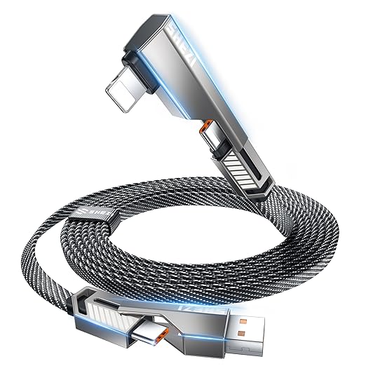 SHEZI 4-in-1 USB C Cable 5FT 90 Degree Fast Charging [480Mbps Data Sync] Flat Nylon Braided Charger Cord Combo, USB A/C to C/L Multi Charging Cable for iPhone 16/15/Samsung & Most Devices, Grey