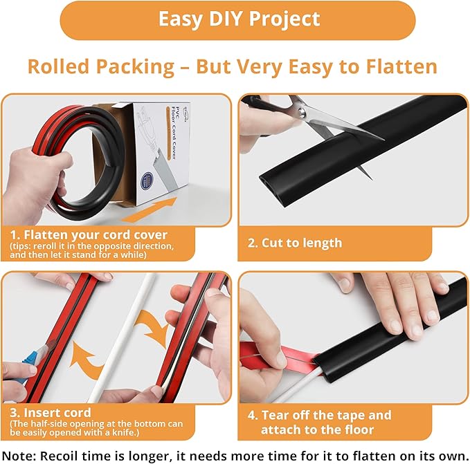 12ft Cord Cover Floor for Extension Cords, Self-Adhesive Floor Cable Cover to Protect Cables & Prevent Tripping, PVC Cord Hider Protector, Internal Wire Management Channel Diameter: 0.39", Black
