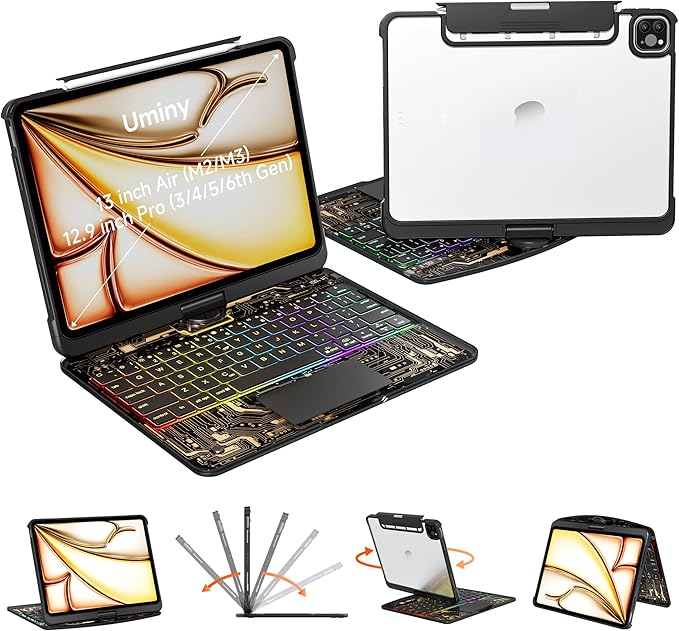Keyboard Case for 12.9 inch iPad Pro 6/5/4/3rd Gen & 13 inch iPad Air (2025 M3, 2024 M2) Wireless Keyboard with Trackpad 7 Color Backlit, Transparent Protective Cover with Pencil Holder (Black)