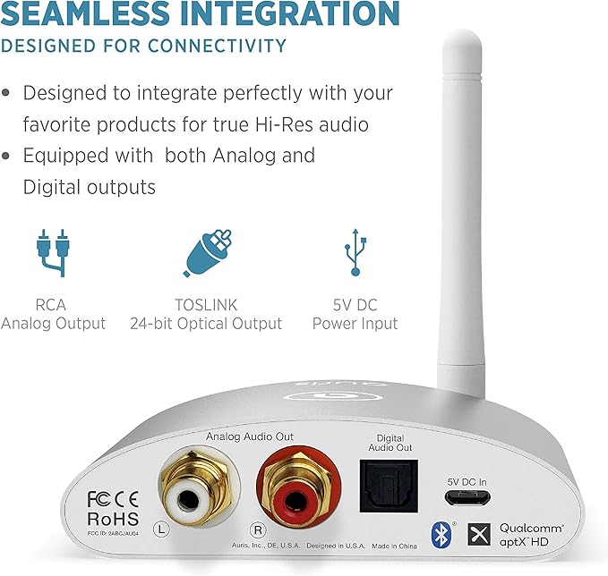 Auris Blume HD Long Range Bluetooth 5.3 Music Receiver Hi-Fi Audio Adapter with Audiophile DAC, LDAC & AptX HD for Home Stereo, AV Receiver or Amplifier