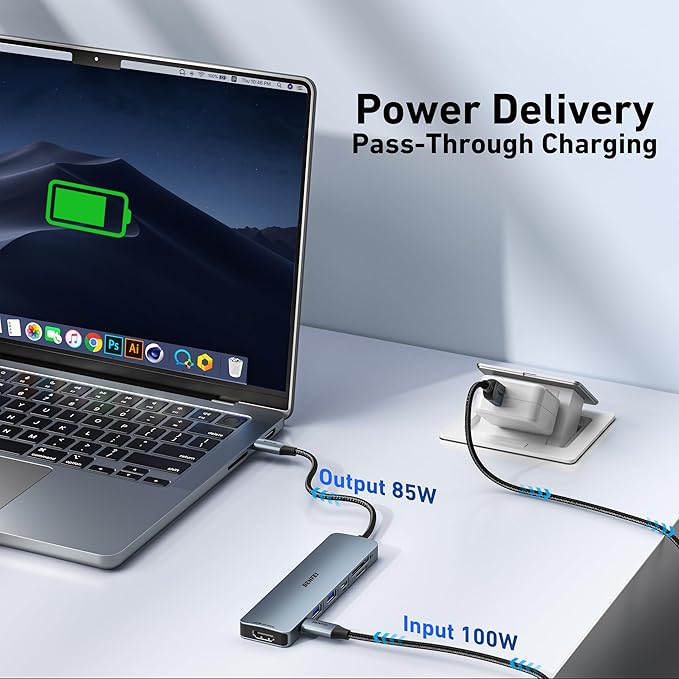 BENFEI 7-in-1 USB C Hub with HDMI(4K@60Hz), 2 USB-A, 1 USB-C Data, 100W Charge, SD/TF Card Reader, Silicone Tangle-Free Cable Compatible with MacBook Pro/Air, iPad Pro, iMac, iPhone 15 Pro/Pro Max