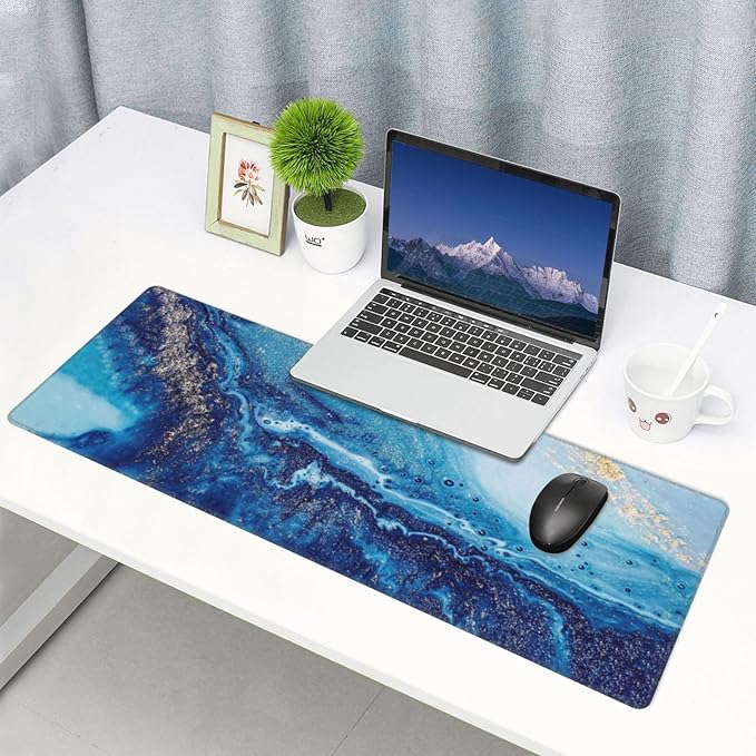 Mouse Pads Navy Blue Gold Modern Abstract Marble Large Mouse Pad, Gaming Mousepad, Keyboard and Mouse Pad with Stitched Edges,PC Desk Mat for Game,Work,Office(31.5"*11.8")