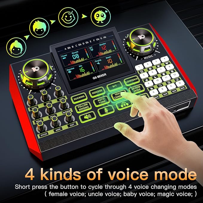 Audio mixer, suitable for live streaming, singing, and gaming on computer/phone; soundboard for 3.5mm condenser microphone; podcast mixer with live sound card, noise reduction, and one-touch mute
