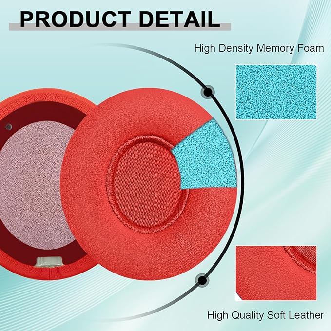 Replacement Ear Pads for Beats Solo 2 & Solo 3 Wireless On-Ear Headphones, Ear Cushions, Headset Earpads, Ear Cups Cover with Soft Protein Leather (Red)