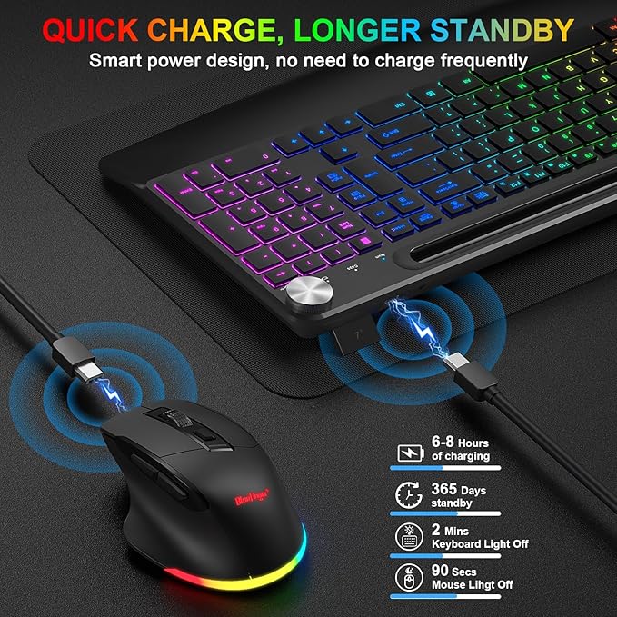 BlueFinger Wireless Keyboard and Mouse Combo Backlit, 2.4G Rechargeable Ergonomic Gaming Keyboard with Wrist Rest, Phone Holder, Volume Knob, Silent Light Up Keyboard with Mouse for Computer Laptop
