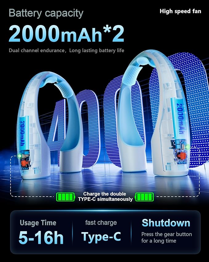 AI Neck Fan, 4 Speeds Adjustable Portable Personal Fan Rechargeable, 4000 mAh Battery Faster Cooling Wearable Fan, Ultra Quiet for Home, Office, Travel, Outdoor - White Blue
