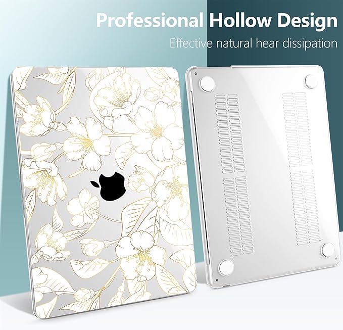TWOLSKOO Compatible with M4 MacBook Air 13.6 inch Case 2025-2022 Release M4 A3240 M3 A3113 M2 A2681, Plastic Hard Shell & Keyboard Cover & Type C Adapter & Screen Protector, Gold Cherry Blossom