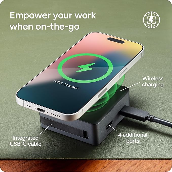 ZAGG 4-Port Hub with Wireless Charging - USB-C PD 100W, HDMI 4K, USB 10Gbps, High-Speed Charging & 4K Display, for Travel, Compatible w/Windows, macOS, iPadOS, ChromeOS, Android