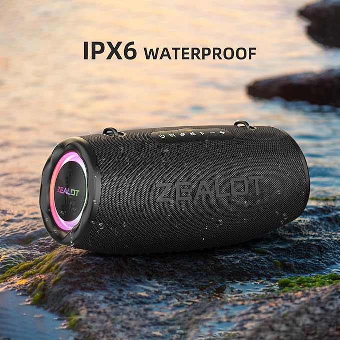 ZEALOT 80W Portable Bluetooth Speaker, Stereo Sound with Deep Bass,IPX6 Waterproof, LED Light,Bluetooth 5.2, Indoor/Outdoor Speaker for Party, Gathering, Pool, Camping,Travel (Black)