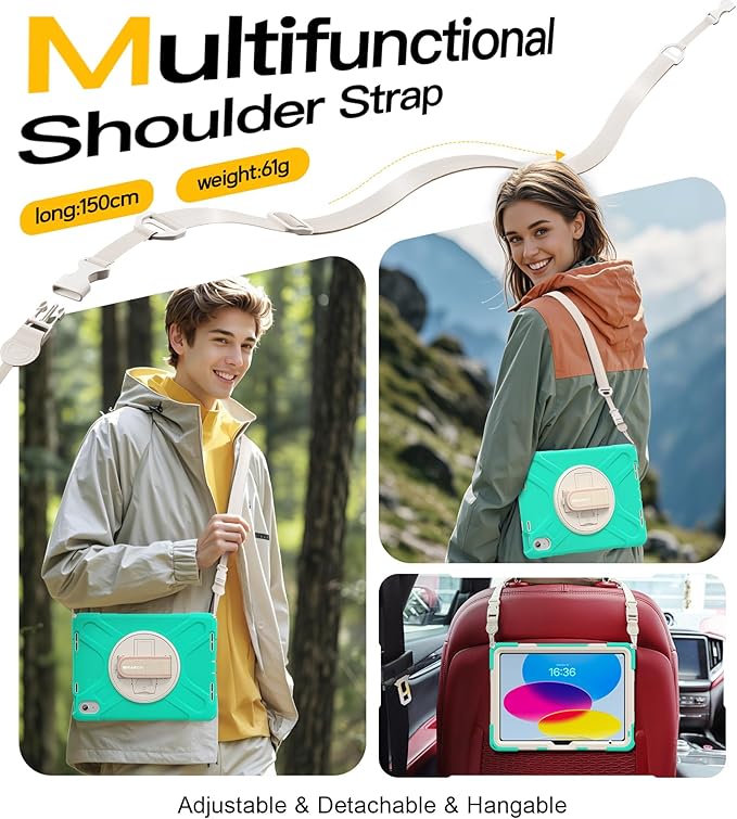 BRAECN for iPad (A16) 11th/10th Generation case 11/10.9 inch 2025/2022 Heavy Duty Shockproof Protective with Pencil Holder Screen Protector 360°Rotating Stand Handle & Shoulder Strap Full Body Cover