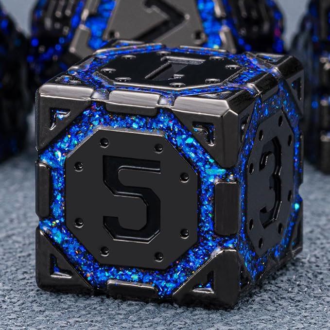 DND Metal Dice Set with Cracks, Polyhedral Dice for RPG D&D Dungeons and Dragons RPG TTRPG D and D 7-Die with Gift Case (Black Nickel Sapphire Blue)