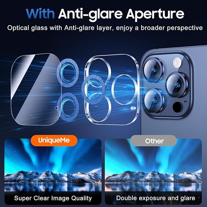 UniqueMe for 3 Pack iPhone 15 Pro/iPhone 15 Pro Max Camera Lens Protector, [Drop Protection] [Case Friendly] 9H+ Tempered Glass Camera Cover Screen [Update New Version] - Glitter Blue