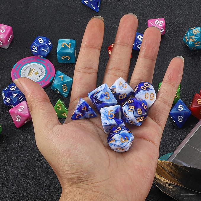QMAY DND Dice Set - 7 Pcs Polyhedral Dice with D&D Dice Bag for Dungeon and Dragons, RPG, MTG, Role Playing Games Dice (Blue Mix White)