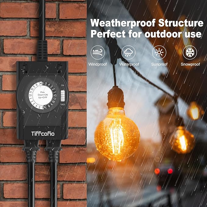 Outdoor Timer Outlet Waterproof, 24 Hour Mechanical Light Timer Outdoor, 2 Grounded Outlets for Home and Garden, 15A 1/2HP, Heavy Duty, ETL Listed (1 Pack)