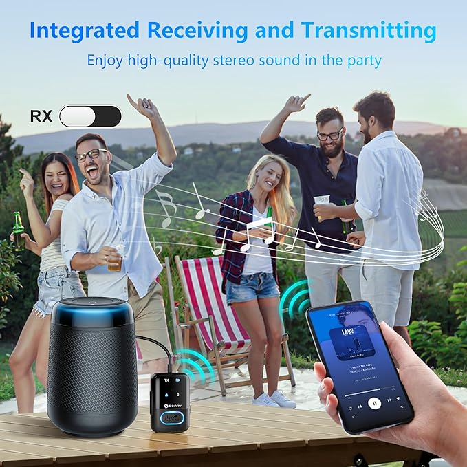 SONRU Bluetooth 5.3 Transmitter Adapter for Airplane 2-in-1 Wireless Bluetooth Audio Transmitter Receiver for 3.5mm Aux Jacks on Flight/TV/Gym Equipment, for up to 2 Wireless Headphones, Cell Phones